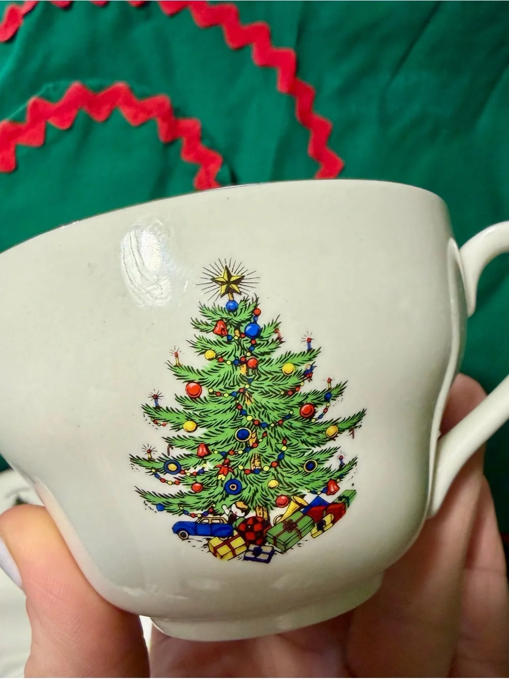 Holiday Holly Ceramic Teacup - White with Green and Red Holly - Cuthbertsone